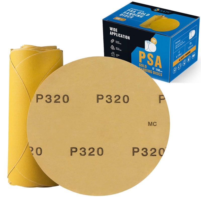S SATC Premium Gold Sandpaper 6 Inch 100 PCS Sanding Discs 320 Grit Self Adhesive Stickyback Sandpaper Roll Aluminum Oxide PSA Sandpaper Discs for Wood  Metal  and Car Paint - Image 1